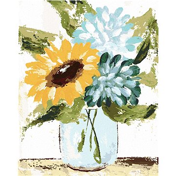 Hortenzie a slunečnice ve váze (Haley Bush), 40×50 cm, bez rámu a bez vypnutí plátna (5018860)