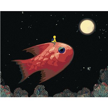 Chlapec s rybou mířící na měsíc, 40×50 cm, vypnuté plátno na rám (6046541)