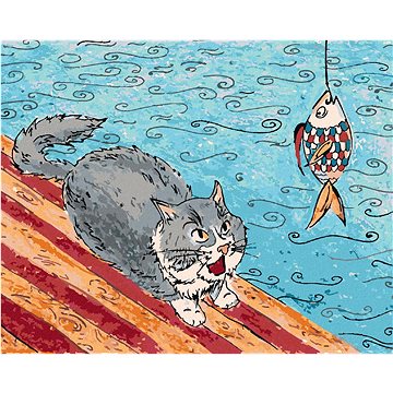 Kočka chytá rybu, 40×50 cm, vypnuté plátno na rám (6050851)
