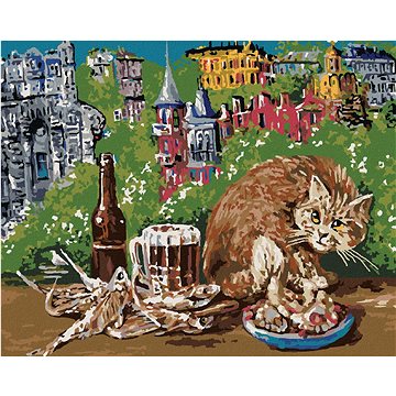 Kočka s jídlem na stole, 40×50 cm, vypnuté plátno na rám (6040411)