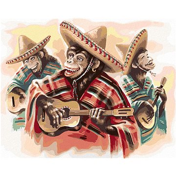 Mexické trio opic hrající na kytaru, 40×50 cm, vypnuté plátno na rám (6044071)