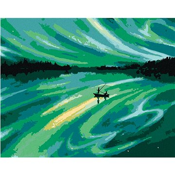 Plující loďka a zelená vesmírná obloha, 40×50 cm, vypnuté plátno na rám (6048651)