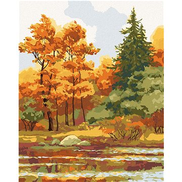 Podzimní les na jezeře, 80×100 cm, vypnuté plátno na rám (6045513)