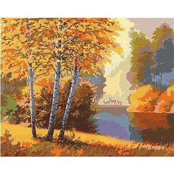 Podzimní les s řekou a jeleny, 40×50 cm, bez rámu a bez vypnutí plátna (6044930)