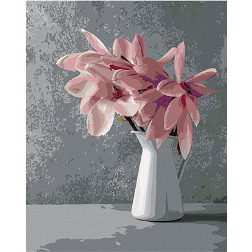 Růžové magnólie v bílé keramické váze, 40×50 cm, bez rámu a bez vypnutí plátna (6044490)
