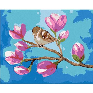 Sedící vrabec na větvi s květy magnólie, 40×50 cm, bez rámu a bez vypnutí plátna (6044530)
