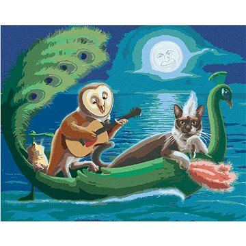 Sova a kočka na lodi ve tvaru páva (Sue Ellen Brown), 40×50 cm, vypnuté plátno na rám (5004571)