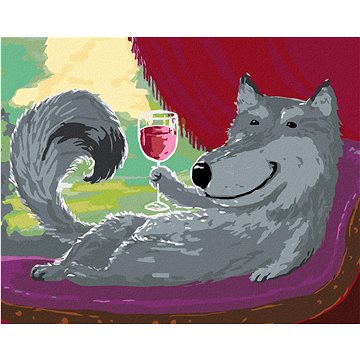 Šedý vlk na pohovce se sklenkou vína, 40×50 cm, vypnuté plátno na rám (6052211)