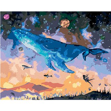 Velryba potápějící se do fantasy vesmíru, 40×50 cm, vypnuté plátno na rám (6051601)