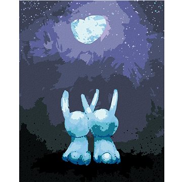 Zamilování králičci koukající na zářicí měsíc, 40×50 cm, bez rámu a bez vypnutí plátna (6046640)