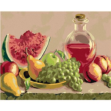 Zátiší s broskvemi, hroznem a melounem, 40×50 cm, vypnuté plátno na rám (6040441)
