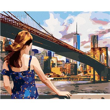 Žena u Brooklyn Bridge v New Yorku, 40×50 cm, vypnuté plátno na rám (6045651)