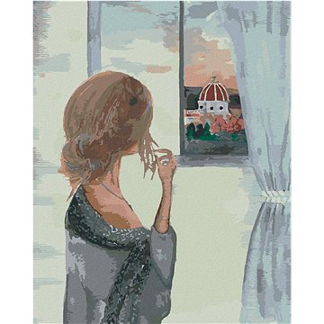 Žena u okna s výhledem na katedrálu Santa Maria, 40×50 cm, bez rámu a bez vypnutí plátna (6038520)