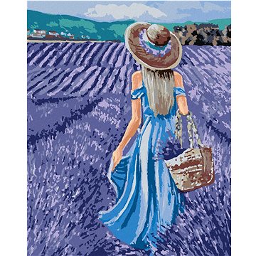 Žena v modrých šatech v levandulovém poli, 40×50 cm, vypnuté plátno na rám (6044761)