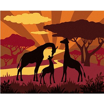 Žirafí rodina při západu slunce, 40×50 cm, bez rámu a bez vypnutí plátna (6044710)