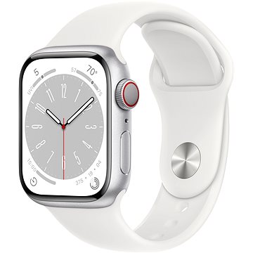 Apple Watch Series 8 41mm Cellular Stříbrný hliník s bílým sportovním řemínkem (MP4A3CS/A)