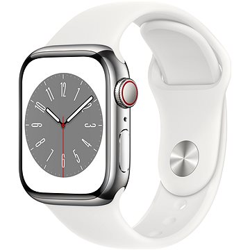 Apple Watch Series 8 41mm Cellular Stříbrný nerez s hvězdně bílým sportovním řemínkem (MNJ53CS/A)