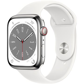 Apple Watch Series 8 45mm Cellular Stříbrný nerez s hvězdně bílým sportovním řemínkem (MNKE3CS/A)