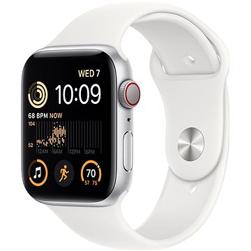 Apple Watch SE (2022) 44mm Cellular Stříbrný hliník s bílým sportovním řemínkem (MNQ23CS/A)