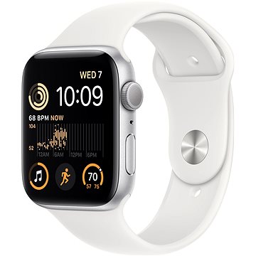 Apple Watch SE (2022) 44mm Stříbrný hliník s bílým sportovním řemínkem (MNK23CS/A)
