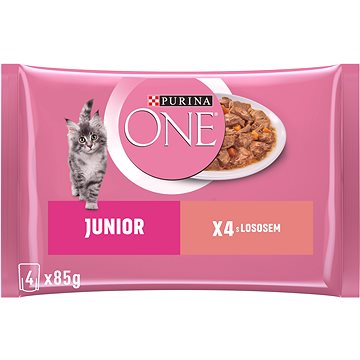 Purina ONE Junior minifiletky s lososem a mrkví ve šťávě 4 × 85 g (7613287367198)