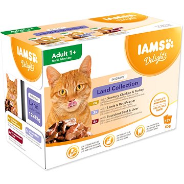 IAMS Delights pro dospělé kočky s drůbežím, jehněčím a hovězím masem v omáčce 12 × 85 g (8710255100418)