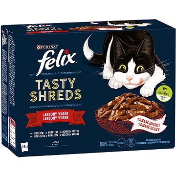 Felix Tasty Shreds s hovězím, kuřetem, kachnou, krůtou ve šťávě 12 x 80 g (7613038643861)