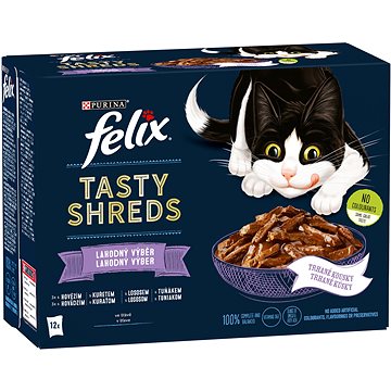 Felix Tasty Shreds s hovězím, kuřetem, lososem, tuňákem ve šťávě 12 x 80 g (7613038645704)