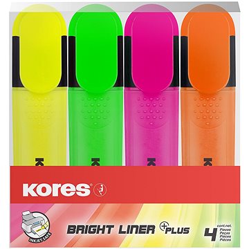 KORES BRIGHT LINER PLUS sada 4 barev (žlutá, růžová, oranžová, zelená) (36140)