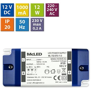 McLED Napájecí zdroj 12W, DC12V/1A, IP20, plastové provedení se svorkovnicí (ML-732.070.11.0)