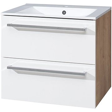 Bino koupelnová skříňka s keramickým umyvadlem 60 cm, spodní, bílá/dub, 2 zásuvky (CN670)