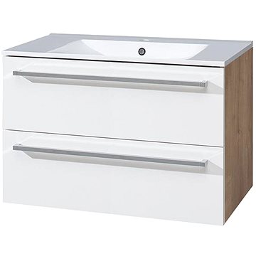 Bino koupelnová skříňka s keramickým umyvadlem 80 cm,bílá/dub, 2 zásuvky (CN671)