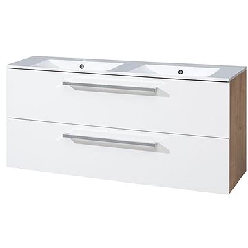 Bino koupelnová skříňka s keramickým dvoumyvadlem 120 cm, bílá/dub, 2 zásuvky (CN673)