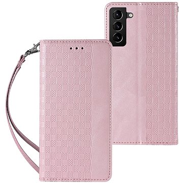 Magnet Strap knížkové kožené pouzdro na Samsung Galaxy S22 Ultra, růžové (HUR250686)