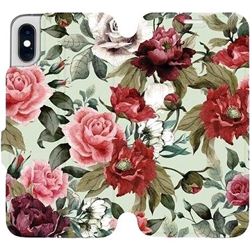Flipové pouzdro na mobil Apple iPhone XS - MD06P Růže a květy na světle zeleném pozadí (5903226468775)