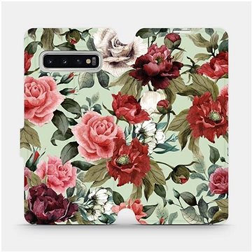 Flipové pouzdro na mobil Samsung Galaxy S10 - MD06P Růže a květy na světle zeleném pozadí (5903226811298)