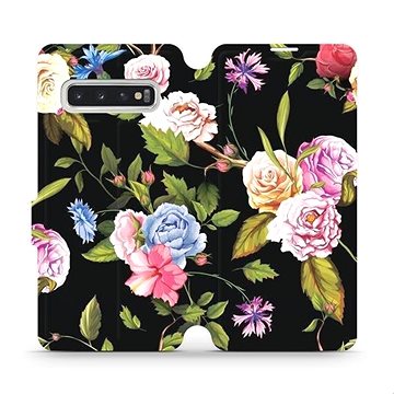 Flipové pouzdro na mobil Samsung Galaxy S10 - VD07S Růže a květy na černém pozadí (5903226811533)