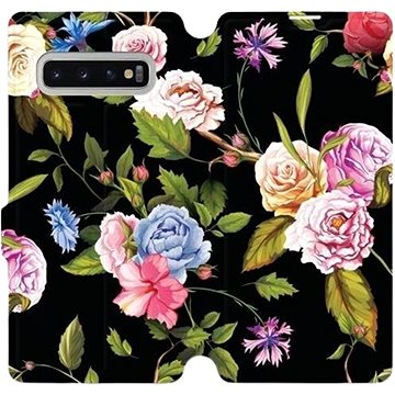 Flipové pouzdro na mobil Samsung Galaxy S10 Plus - VD07S Růže a květy na černém pozadí (5903226812974)