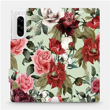 Flipové pouzdro na mobil Sony Xperia 5 - MD06P Růže a květy na světle zeleném pozadí (5903516057795)