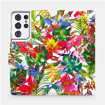 Flipové pouzdro na mobil Samsung Galaxy S21 Ultra 5G - MG07S Pestrobarevné květy a listy (5903516620326)