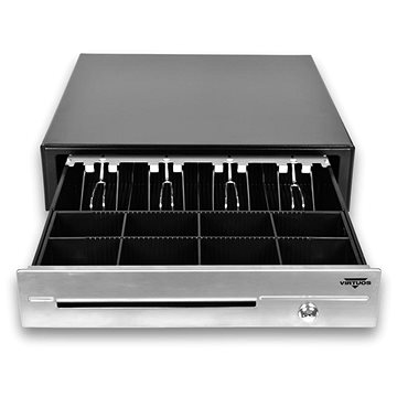 Virtuos pokladní zásuvka C430D s kabelem, kovové držáky, nerez panel, 9-24V, černá (EKN0116)