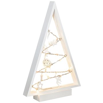 LED dřevěný vánoční stromek s ozdobami, 15LED, přírodní dřevo, 37cm, 2x AA (1v221)