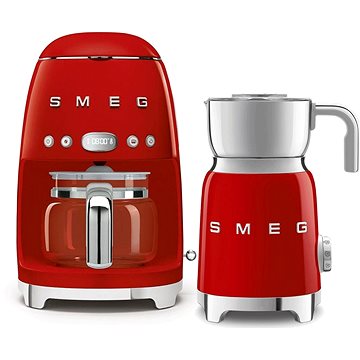 SMEG 50's Retro Style Překapávač 1,4l 10 cup červený + Šlehač mléka 0,6l červený