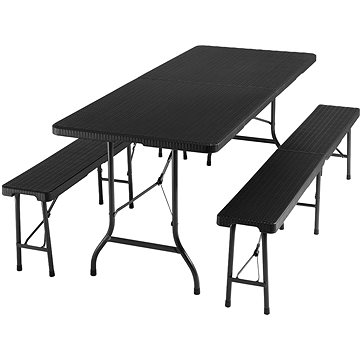 Kempinková sada stolu a lavice skládací černá-ratanový vzhled (404528)