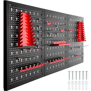 Tectake Děrovaná stěna s 25 háčky a držáky 120×2×60cm, černá/červená (403559)