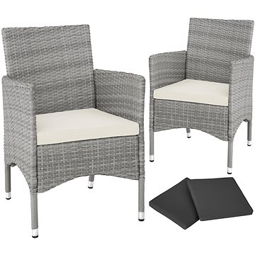 Tectake 2 Zahradní židle ratanové vč. 4 povlaků, světle šedá/krémová (404553)