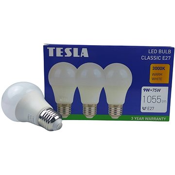Tesla - LED žárovka BULB E27, 9W, 230V, 1055lm, 25 000h, 3000K teplá bílá, 220st 3ks v balení (BL270930-3PACK)