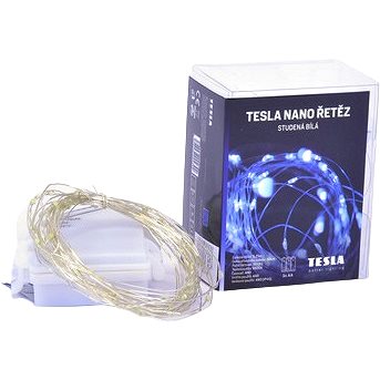 Tesla - nano řetěz 50LED, 6500K, 5m + 30cm kabel, 3x AA baterie, časovač, IP44 (VONABA5MIOWC)