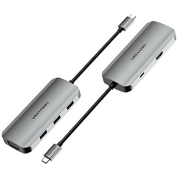 Vention USB-C to HDMI / VGA / USB 3.0 x 3 / PD Docking Station 0.15M Gray Aluminum (TOIHB)