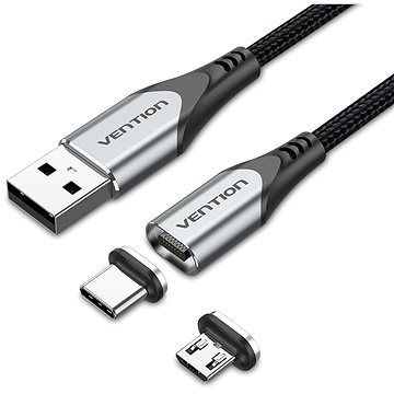 Vention 2-in-1 USB 2.0 to Micro + USB-C Male Magnetic Cable 2M Gray Aluminum Alloy Type (CQMHH)